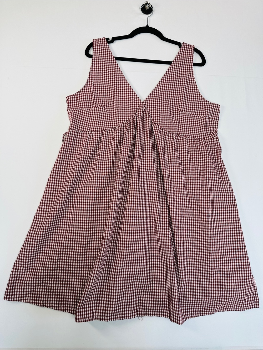 Linen Cotton Blend Gingham Babydoll Dress Burgundy Size XL NWT